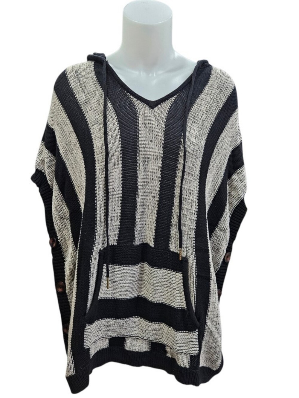 Fab'rik Black Cream Stripe Knit Baja Poncho Hood Sweater Button Sides OS NWOT